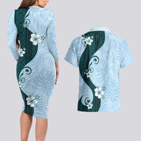 Polynesia Hibiscus Couples Matching Long Sleeve Bodycon Dress and Hawaiian Shirt Sky Blue Curve Motif - Polynesian Pride