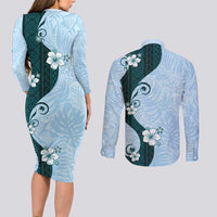 Polynesia Hibiscus Couples Matching Long Sleeve Bodycon Dress and Long Sleeve Button Shirt Sky Blue Curve Motif - Polynesian Pride