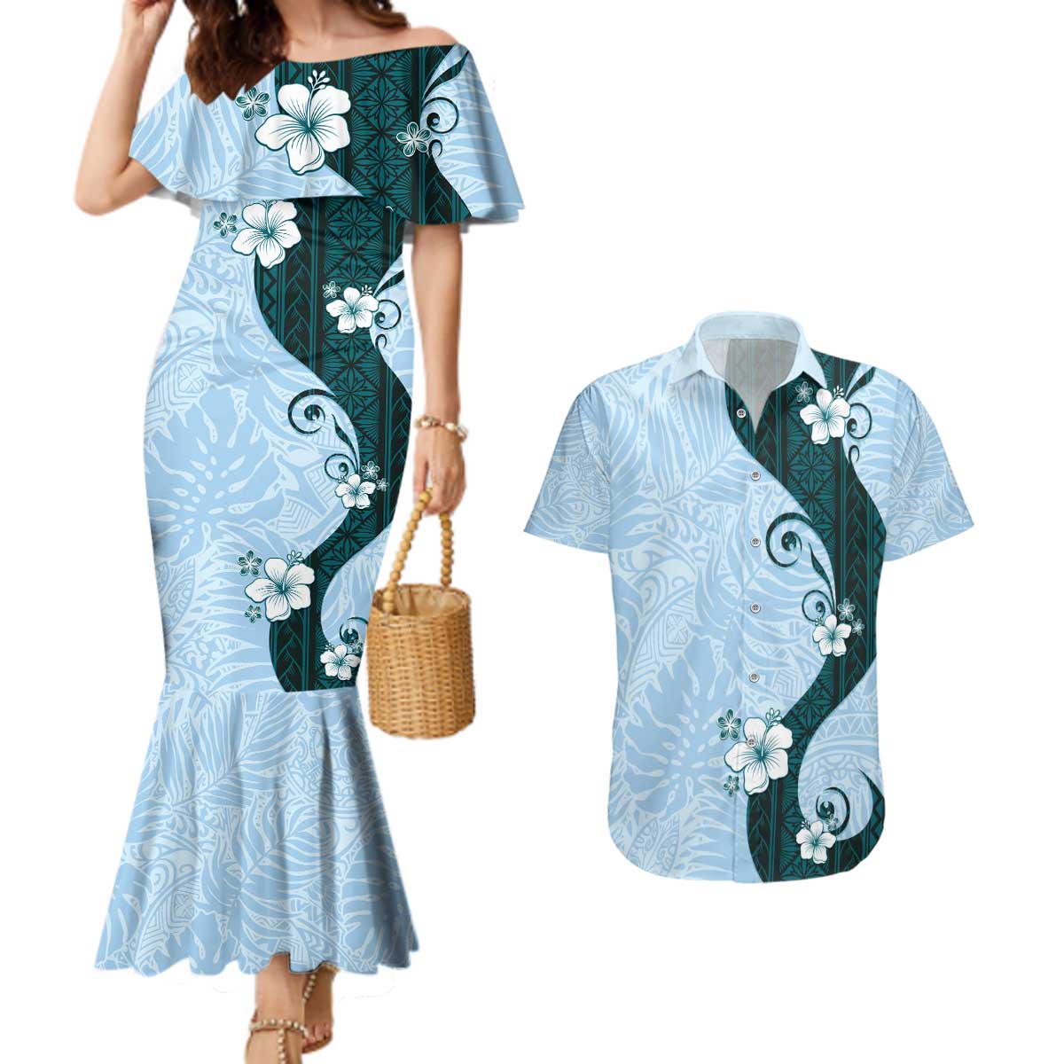 Polynesia Hibiscus Couples Matching Mermaid Dress and Hawaiian Shirt Sky Blue Curve Motif - Polynesian Pride