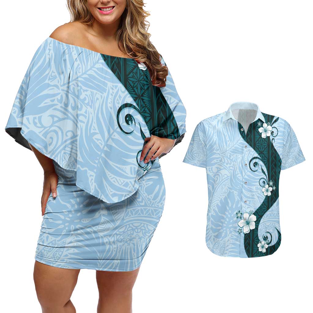 Polynesia Hibiscus Couples Matching Off Shoulder Short Dress and Hawaiian Shirt Sky Blue Curve Motif - Polynesian Pride
