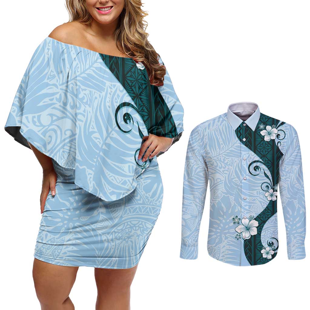 Polynesia Hibiscus Couples Matching Off Shoulder Short Dress and Long Sleeve Button Shirt Sky Blue Curve Motif - Polynesian Pride