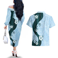 Polynesia Hibiscus Couples Matching Off The Shoulder Long Sleeve Dress and Hawaiian Shirt Sky Blue Curve Motif - Polynesian Pride