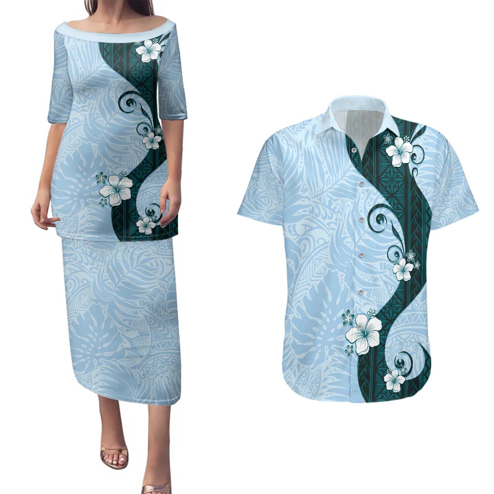 Polynesia Hibiscus Couples Matching Puletasi and Hawaiian Shirt Sky Blue Curve Motif - Polynesian Pride