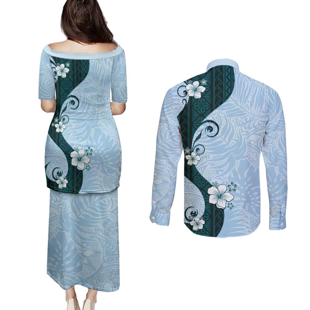 Polynesia Hibiscus Couples Matching Puletasi and Long Sleeve Button Shirt Sky Blue Curve Motif - Polynesian Pride