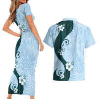 Polynesia Hibiscus Couples Matching Short Sleeve Bodycon Dress and Hawaiian Shirt Sky Blue Curve Motif - Polynesian Pride