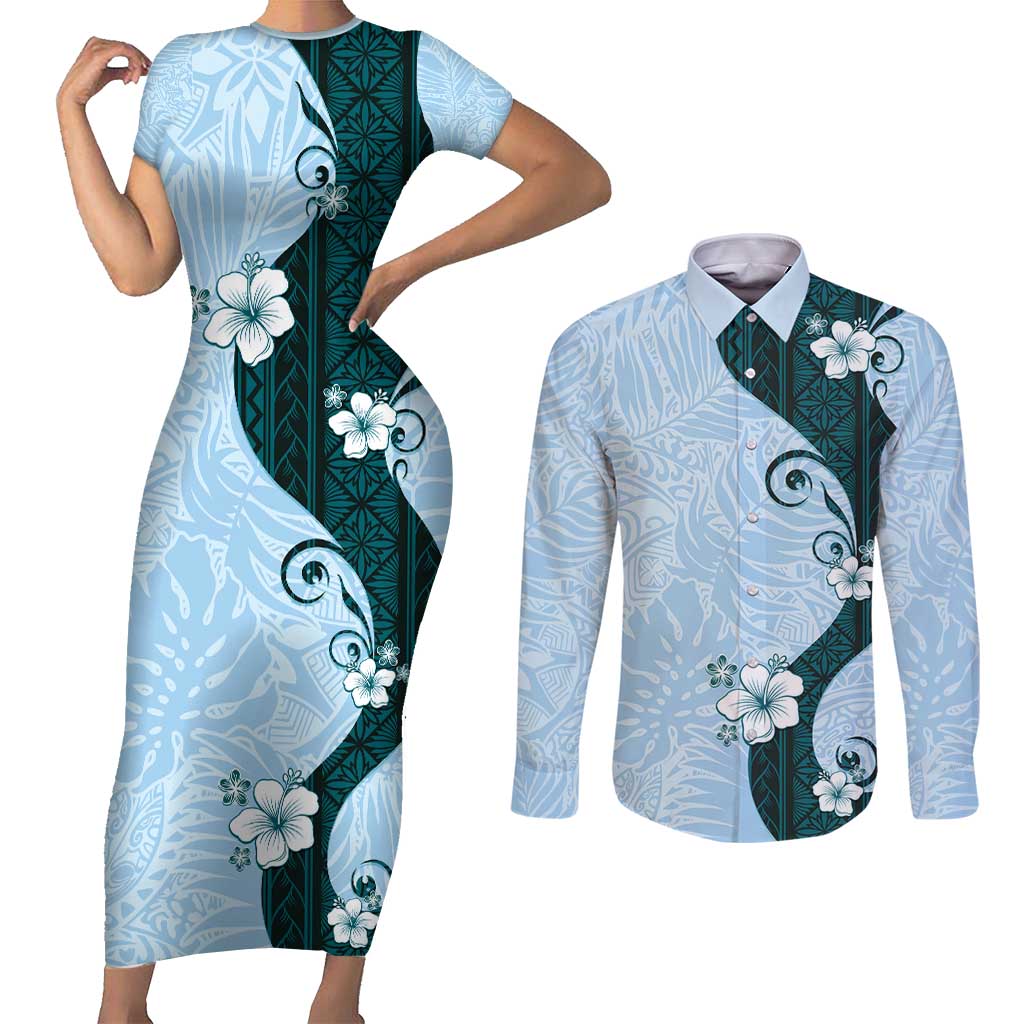 Polynesia Hibiscus Couples Matching Short Sleeve Bodycon Dress and Long Sleeve Button Shirt Sky Blue Curve Motif - Polynesian Pride