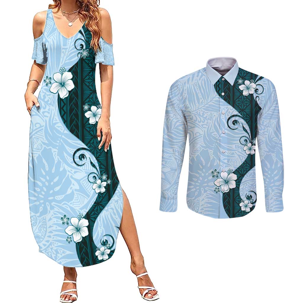 Polynesia Hibiscus Couples Matching Summer Maxi Dress and Long Sleeve Button Shirt Sky Blue Curve Motif - Polynesian Pride