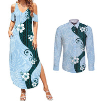 Polynesia Hibiscus Couples Matching Summer Maxi Dress and Long Sleeve Button Shirt Sky Blue Curve Motif - Polynesian Pride