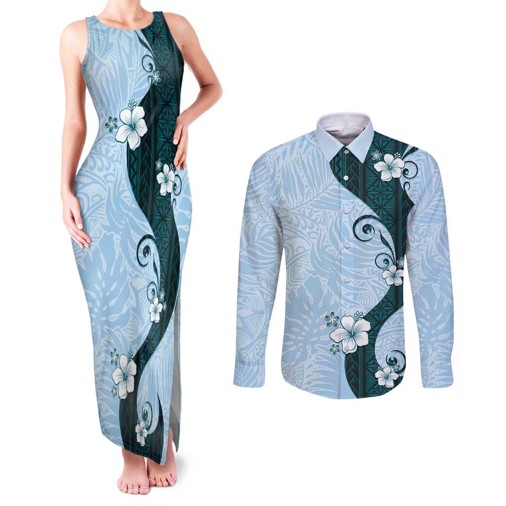Polynesia Hibiscus Couples Matching Tank Maxi Dress and Long Sleeve Button Shirt Sky Blue Curve Motif - Polynesian Pride