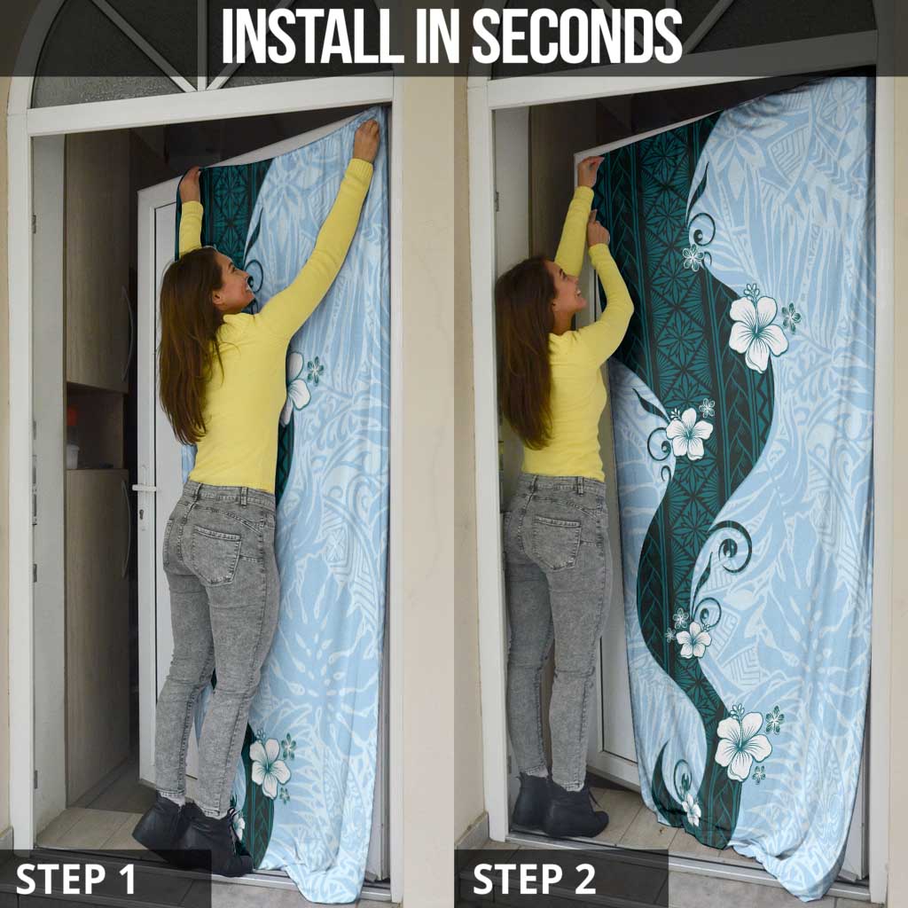Polynesia Hibiscus Door Cover Sky Blue Curve Motif - Polynesian Pride