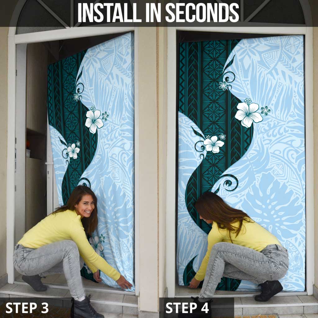 Polynesia Hibiscus Door Cover Sky Blue Curve Motif - Polynesian Pride