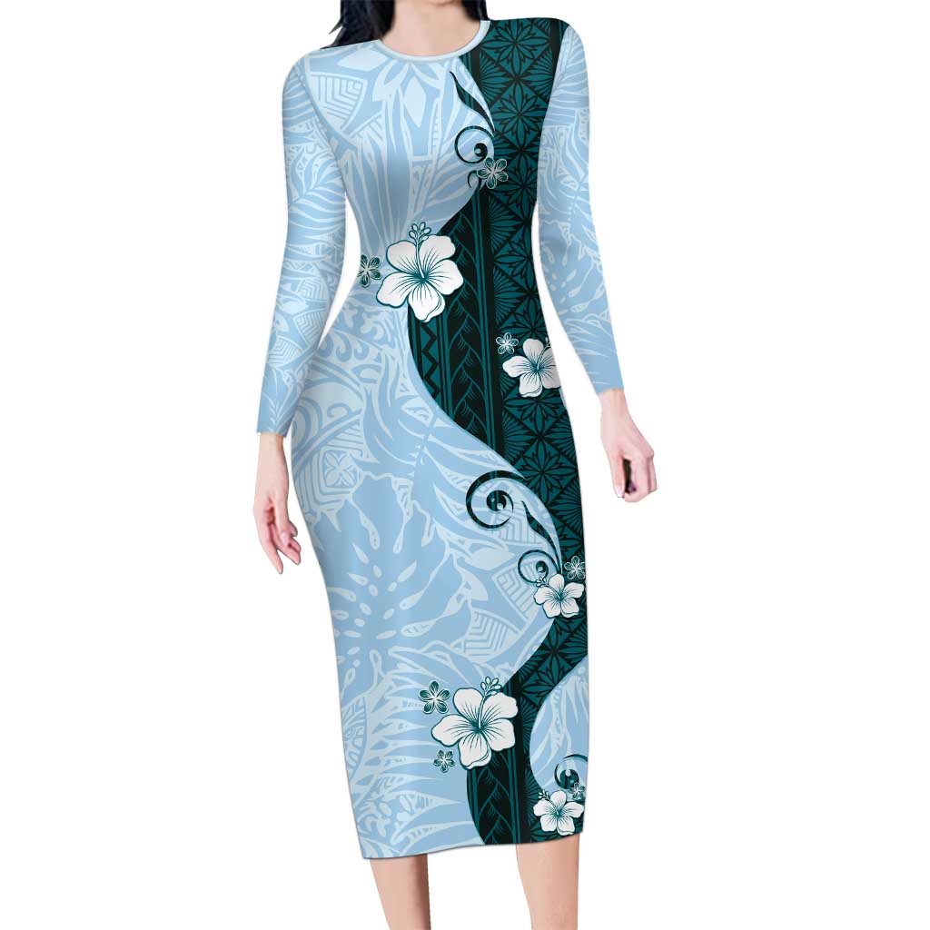 Polynesia Hibiscus Family Matching Long Sleeve Bodycon Dress and Hawaiian Shirt Sky Blue Curve Motif - Polynesian Pride