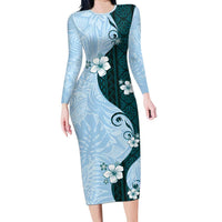 Polynesia Hibiscus Family Matching Long Sleeve Bodycon Dress and Hawaiian Shirt Sky Blue Curve Motif - Polynesian Pride