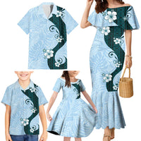 Polynesia Hibiscus Family Matching Mermaid Dress and Hawaiian Shirt Sky Blue Curve Motif - Polynesian Pride