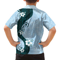 Polynesia Hibiscus Family Matching Off The Shoulder Long Sleeve Dress and Hawaiian Shirt Sky Blue Curve Motif - Polynesian Pride