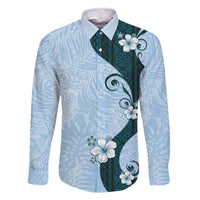Polynesia Hibiscus Family Matching Off The Shoulder Long Sleeve Dress and Hawaiian Shirt Sky Blue Curve Motif - Polynesian Pride