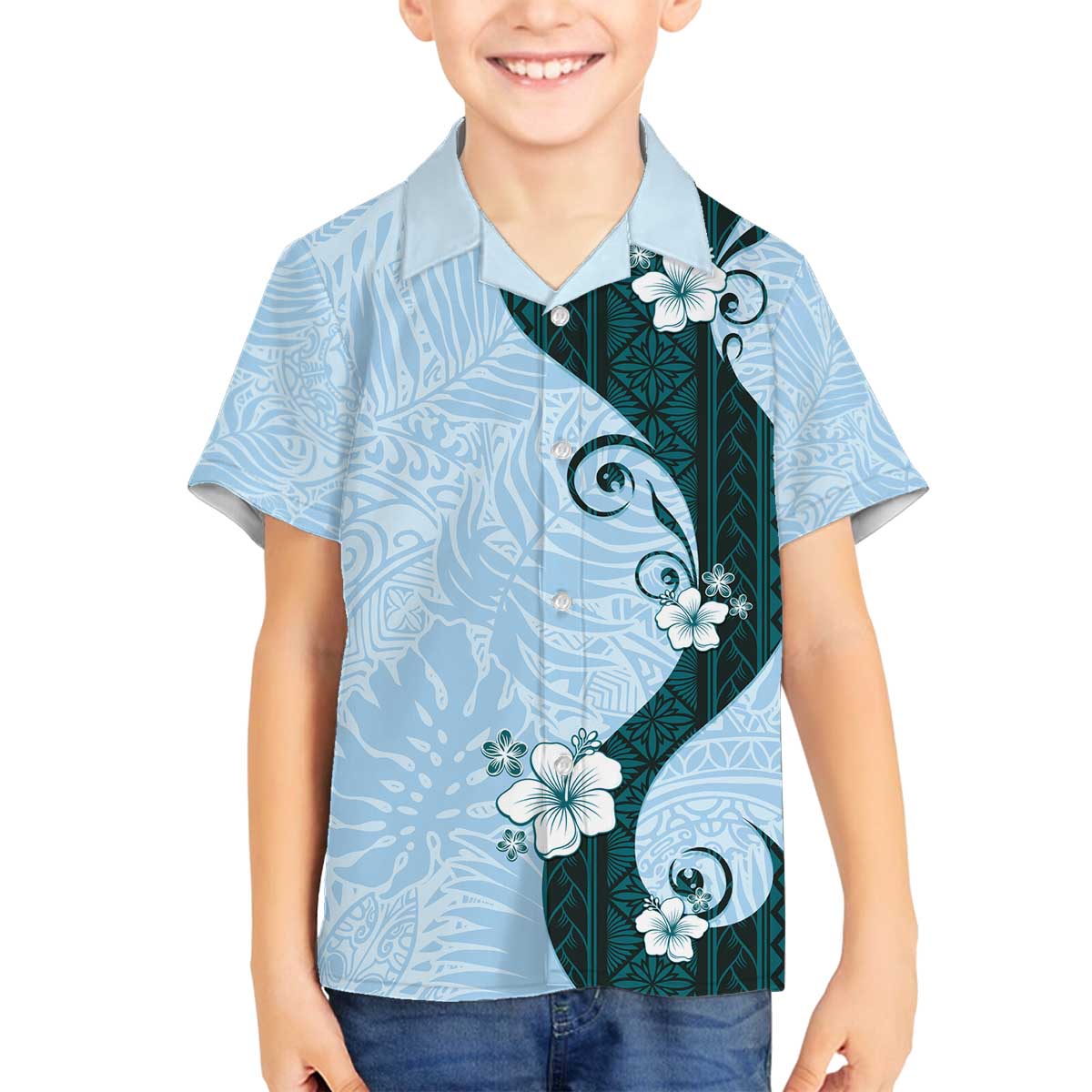 Polynesia Hibiscus Family Matching Off The Shoulder Long Sleeve Dress and Hawaiian Shirt Sky Blue Curve Motif - Polynesian Pride