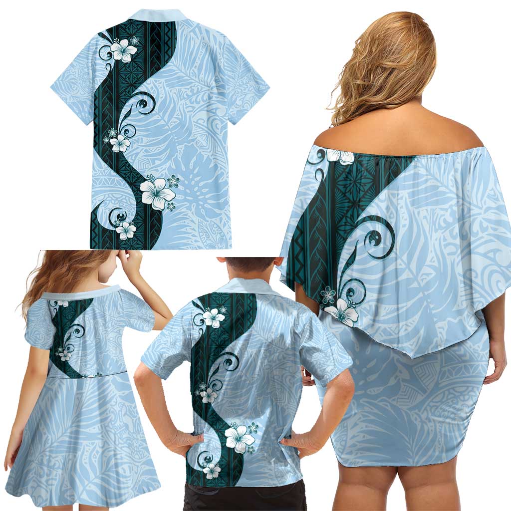 Polynesia Hibiscus Family Matching Off Shoulder Short Dress and Hawaiian Shirt Sky Blue Curve Motif - Polynesian Pride
