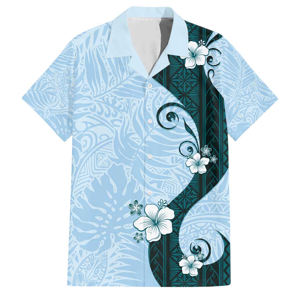 Polynesia Hibiscus Family Matching Off Shoulder Short Dress and Hawaiian Shirt Sky Blue Curve Motif - Polynesian Pride