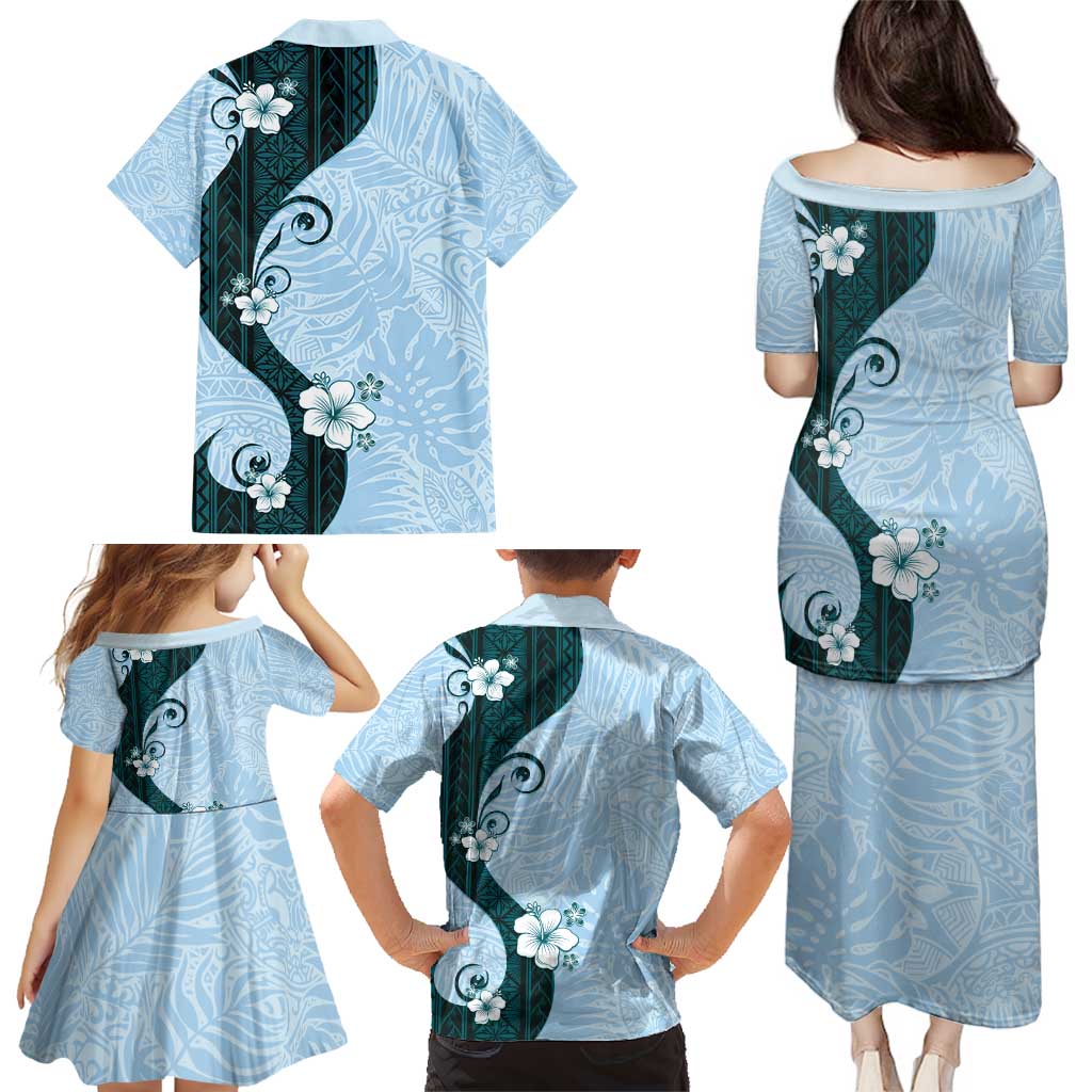 Polynesia Hibiscus Family Matching Puletasi and Hawaiian Shirt Sky Blue Curve Motif - Polynesian Pride