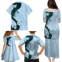 Polynesia Hibiscus Family Matching Puletasi and Hawaiian Shirt Sky Blue Curve Motif - Polynesian Pride