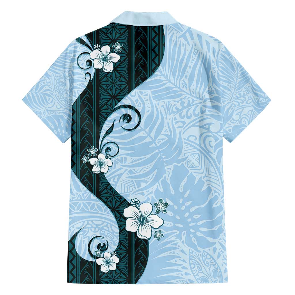 Polynesia Hibiscus Family Matching Puletasi and Hawaiian Shirt Sky Blue Curve Motif - Polynesian Pride