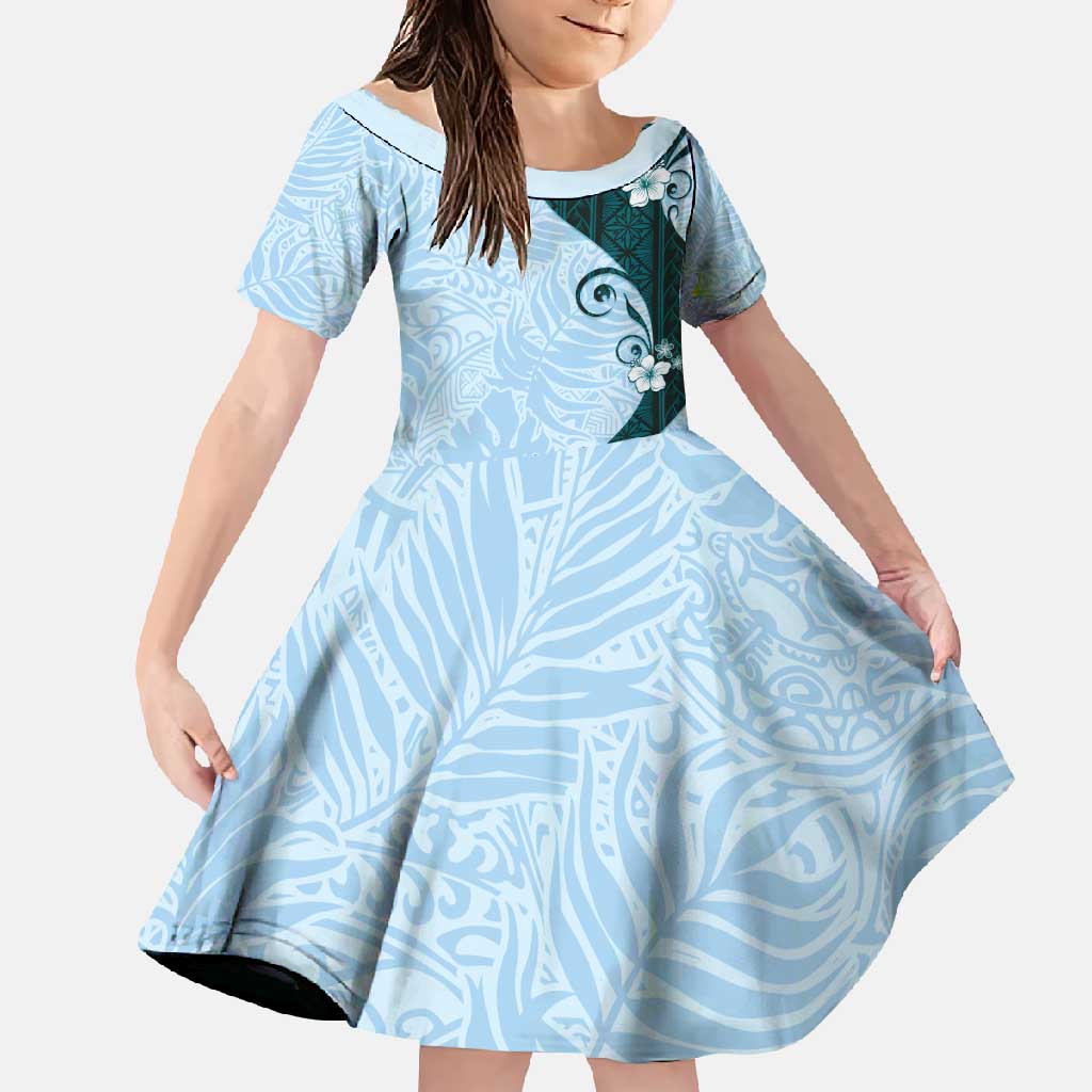 Polynesia Hibiscus Family Matching Short Sleeve Bodycon Dress and Hawaiian Shirt Sky Blue Curve Motif - Polynesian Pride
