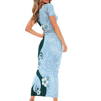 Polynesia Hibiscus Family Matching Short Sleeve Bodycon Dress and Hawaiian Shirt Sky Blue Curve Motif - Polynesian Pride