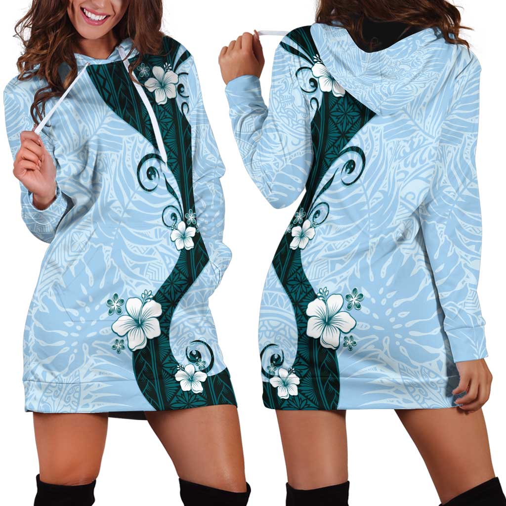 Polynesia Hibiscus Hoodie Dress Sky Blue Curve Motif - Polynesian Pride