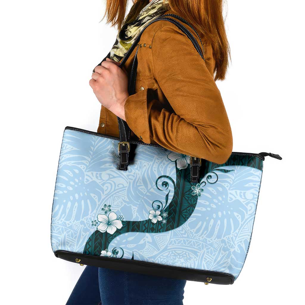 Polynesia Hibiscus Leather Tote Bag Sky Blue Curve Motif - Polynesian Pride