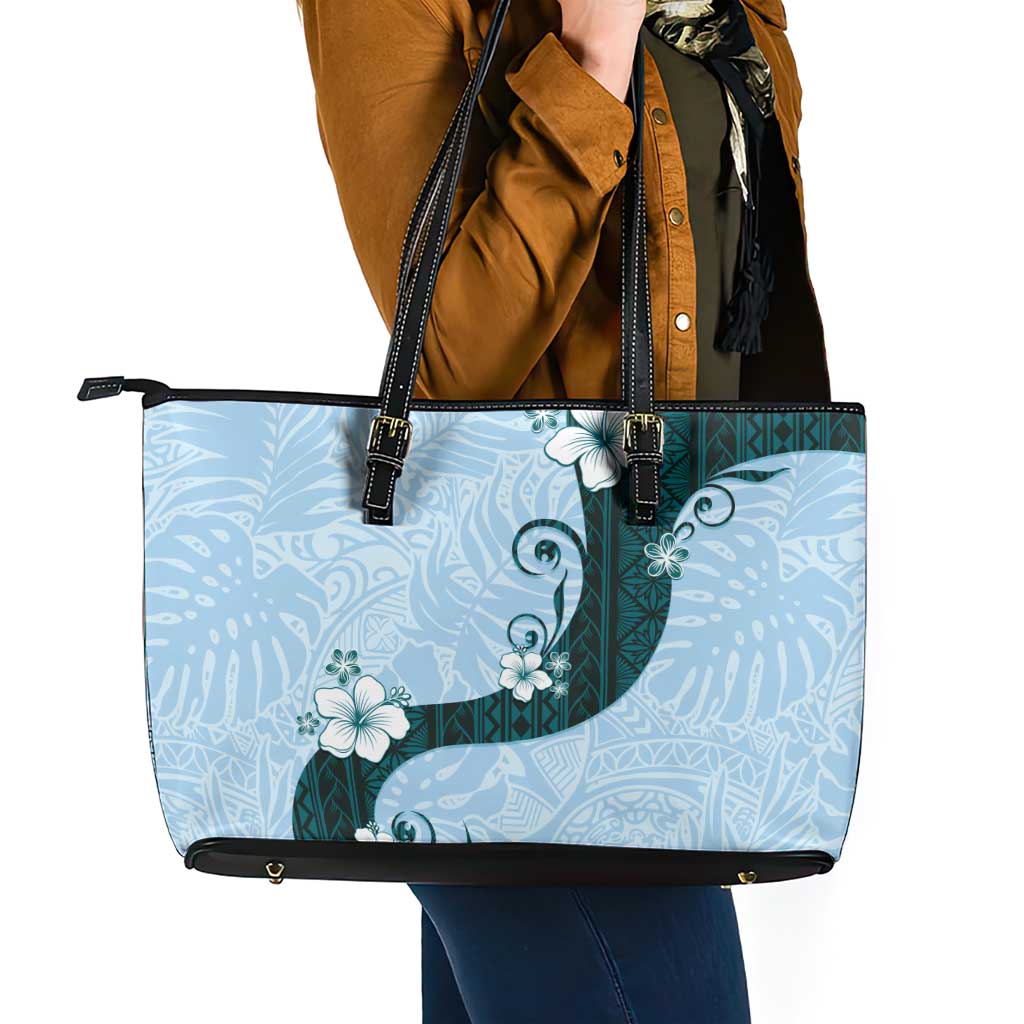 Polynesia Hibiscus Leather Tote Bag Sky Blue Curve Motif - Polynesian Pride
