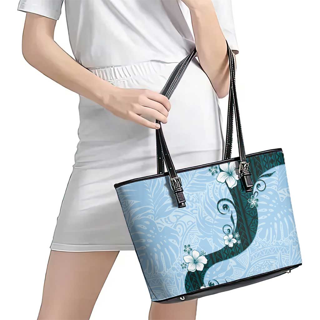 Polynesia Hibiscus Leather Tote Bag Sky Blue Curve Motif - Polynesian Pride