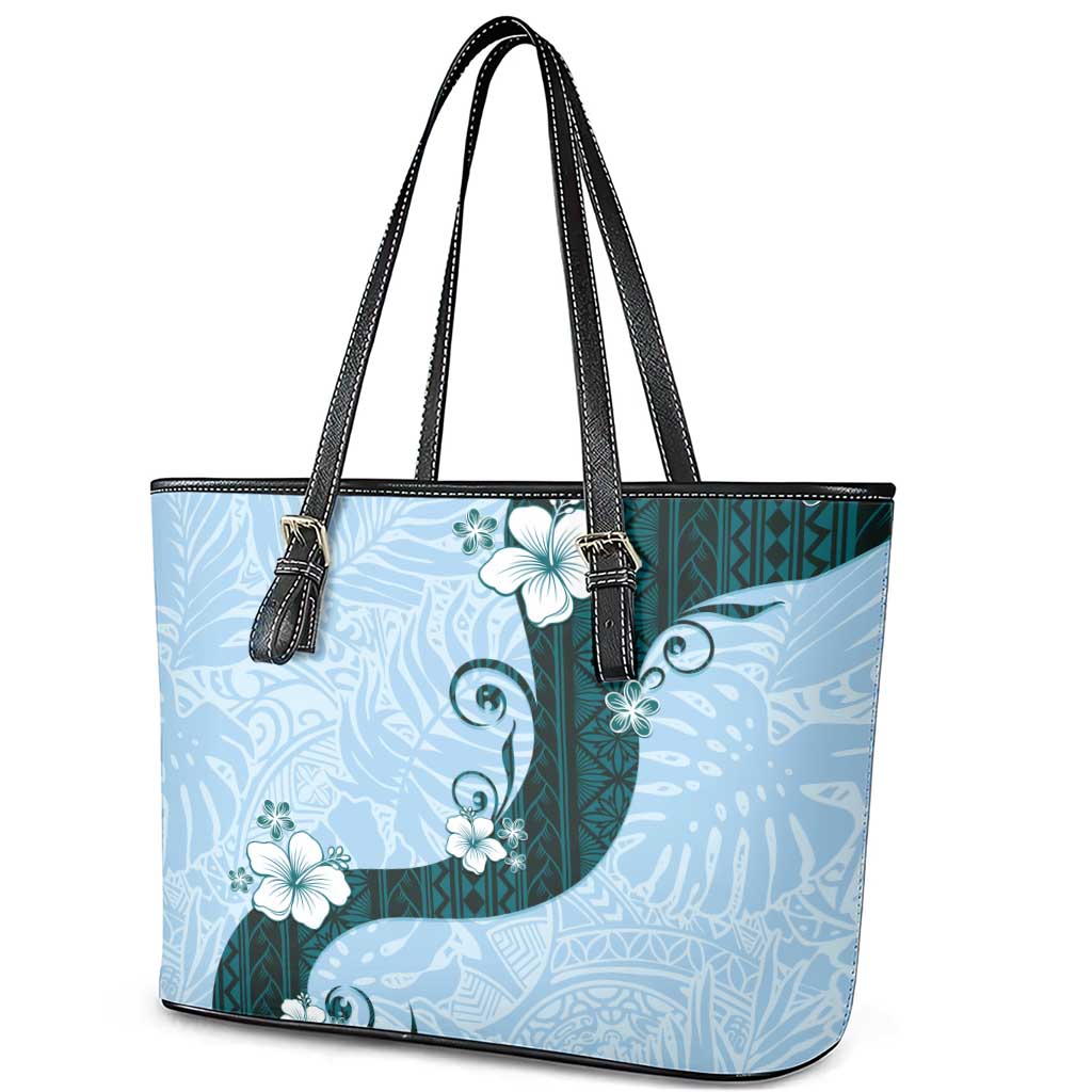 Polynesia Hibiscus Leather Tote Bag Sky Blue Curve Motif - Polynesian Pride