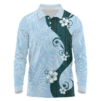 Polynesia Hibiscus Long Sleeve Polo Shirt Sky Blue Curve Motif - Polynesian Pride