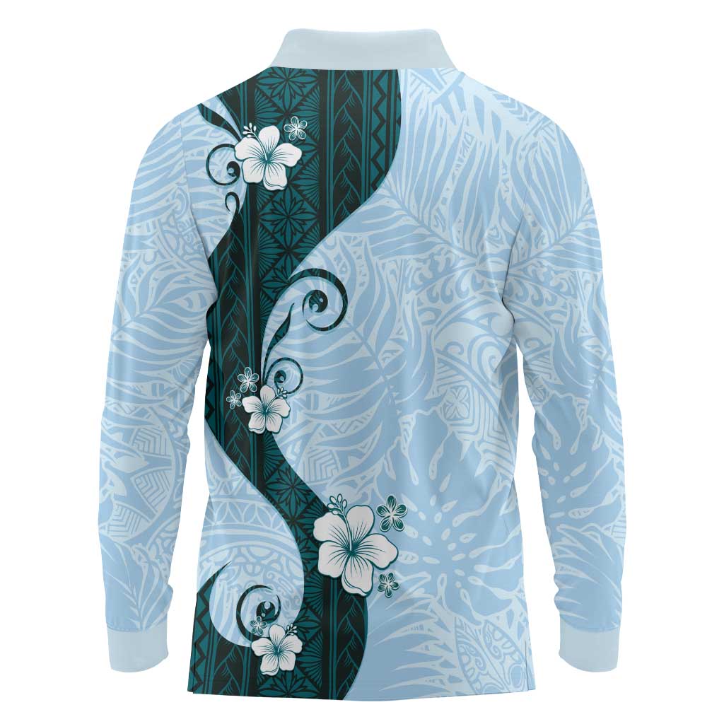 Polynesia Hibiscus Long Sleeve Polo Shirt Sky Blue Curve Motif - Polynesian Pride