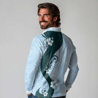 Polynesia Hibiscus Long Sleeve Polo Shirt Sky Blue Curve Motif - Polynesian Pride