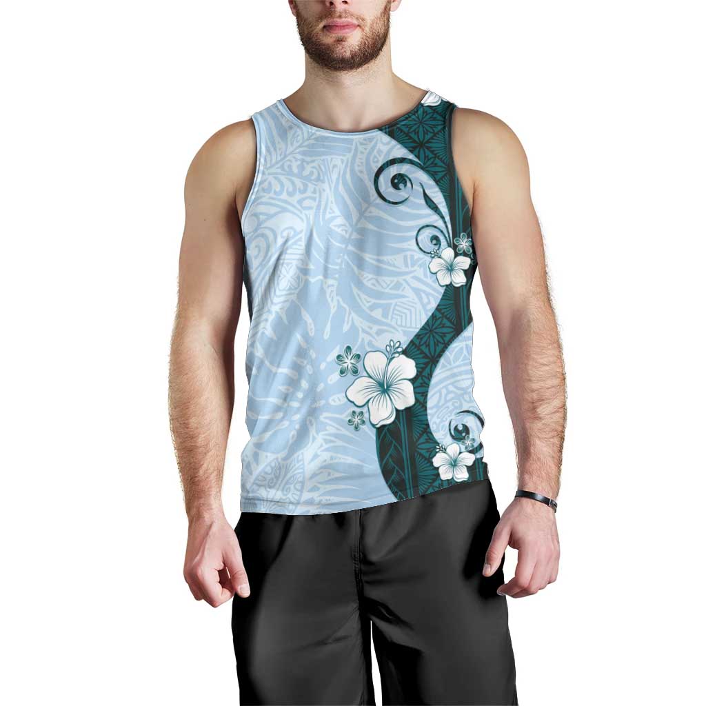 Polynesia Hibiscus Men Tank Top Sky Blue Curve Motif - Polynesian Pride