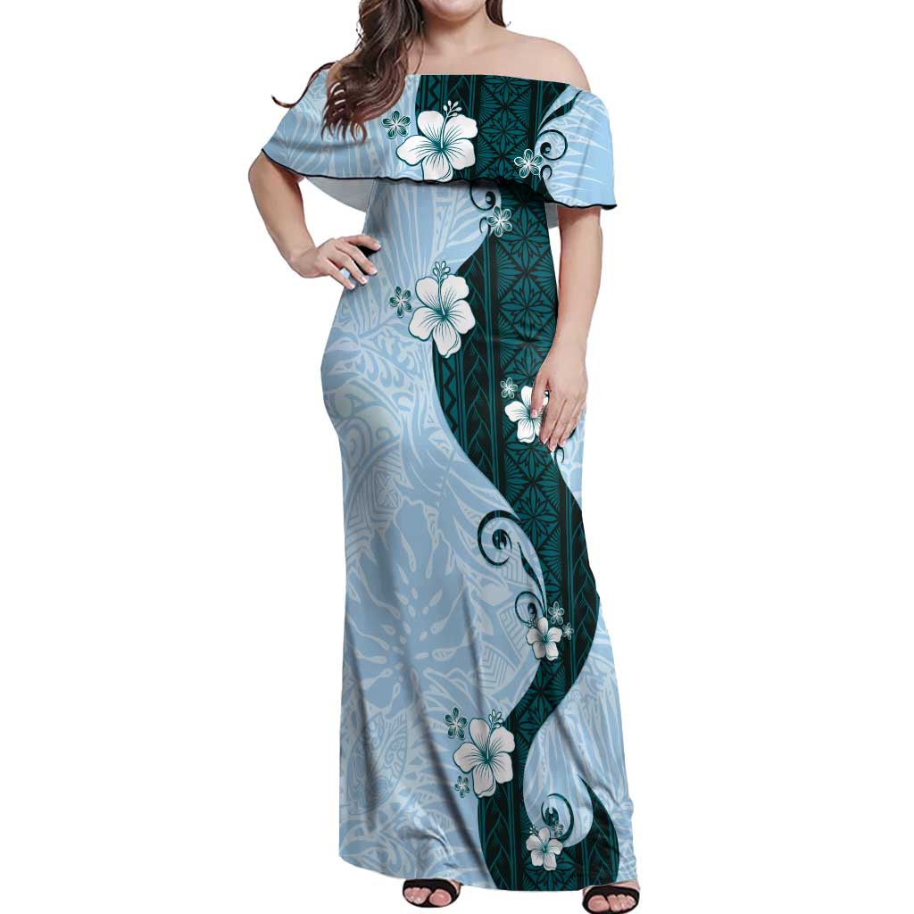 Polynesia Hibiscus Off Shoulder Maxi Dress Sky Blue Curve Motif LT05 Women Blue - Polynesian Pride