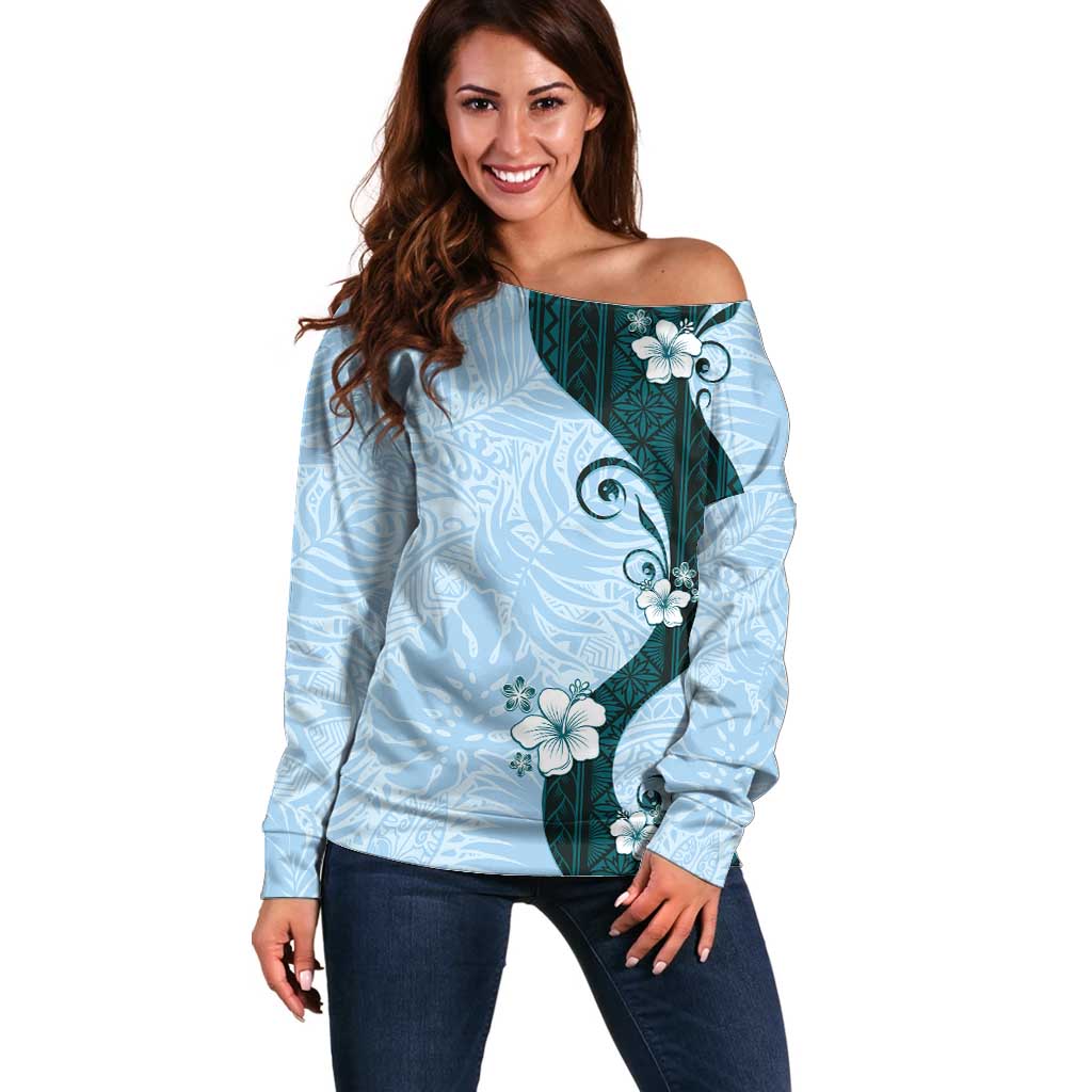 Polynesia Hibiscus Off Shoulder Sweater Sky Blue Curve Motif - Polynesian Pride