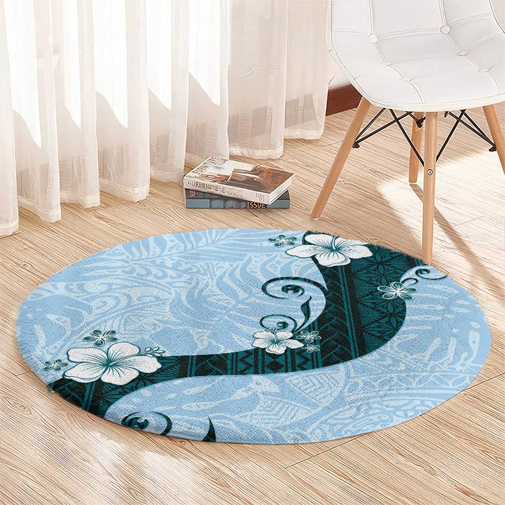 Polynesia Hibiscus Round Carpet Sky Blue Curve Motif - Polynesian Pride