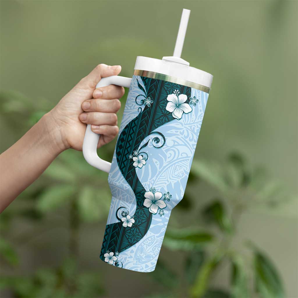 Polynesia Hibiscus Tumbler With Handle Sky Blue Curve Motif - Polynesian Pride
