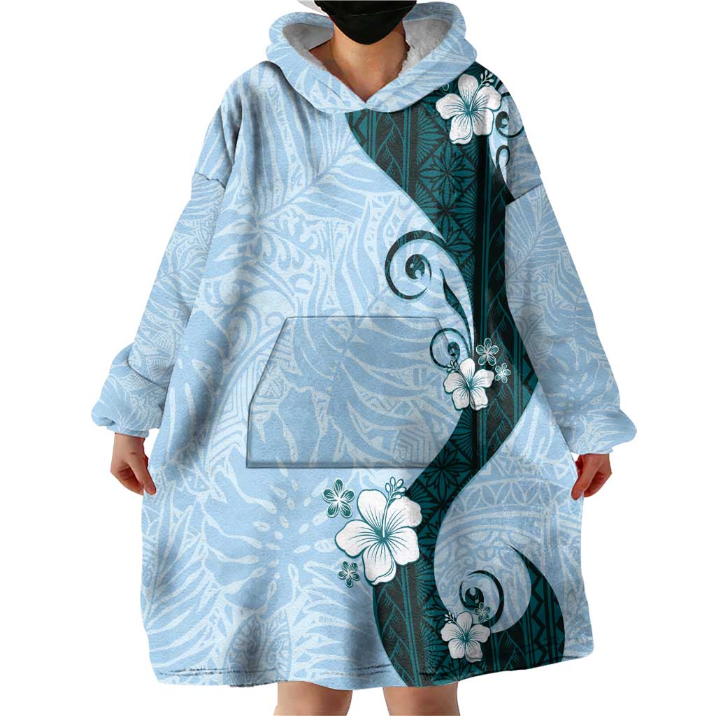 Polynesia Hibiscus Wearable Blanket Hoodie Sky Blue Curve Motif - Polynesian Pride