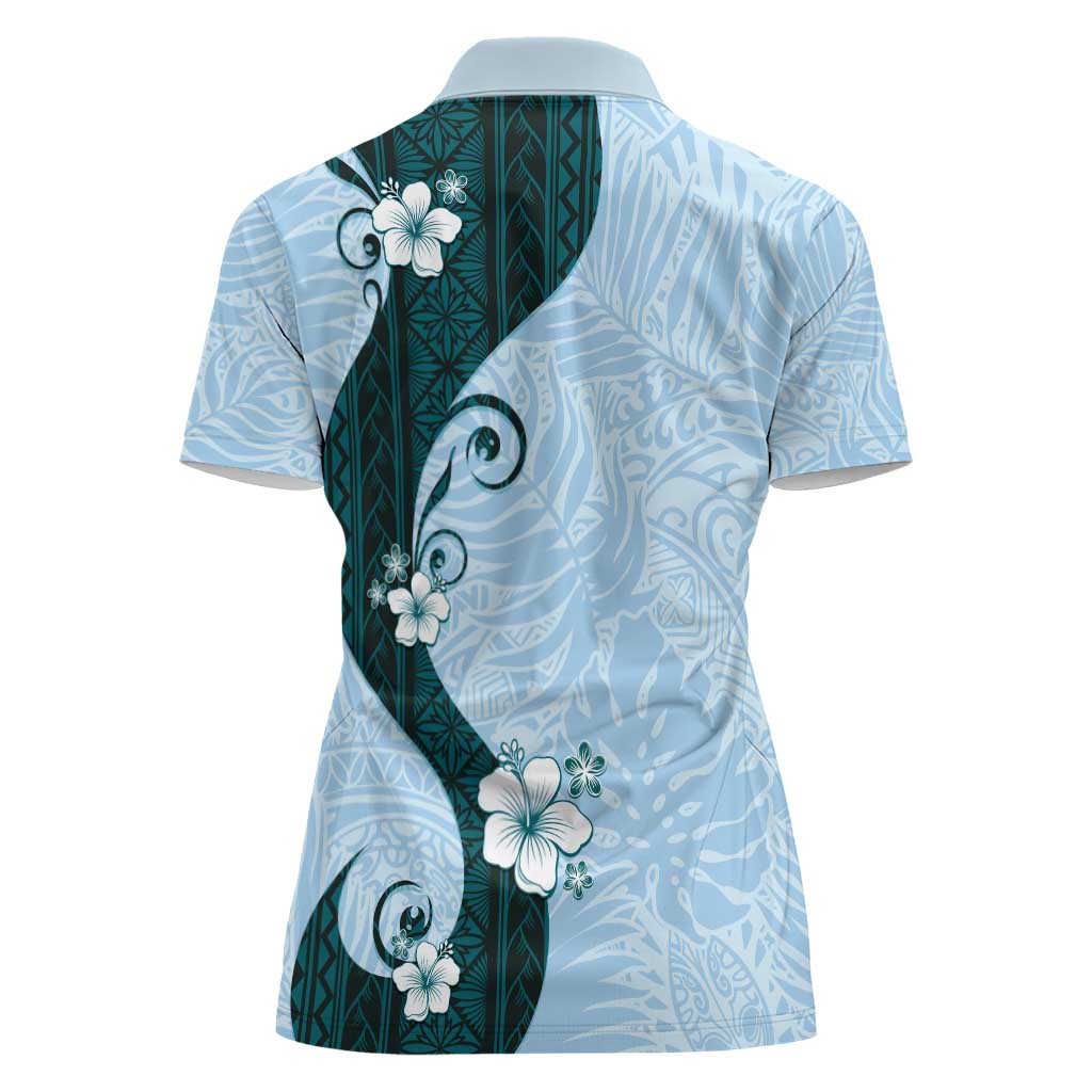 Polynesia Hibiscus Women Polo Shirt Sky Blue Curve Motif - Polynesian Pride