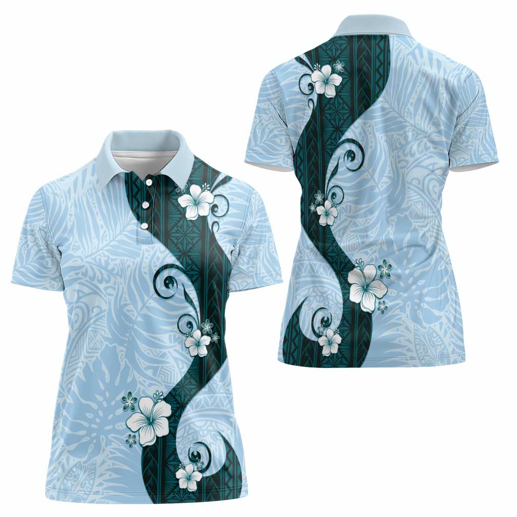 Polynesia Hibiscus Women Polo Shirt Sky Blue Curve Motif - Polynesian Pride