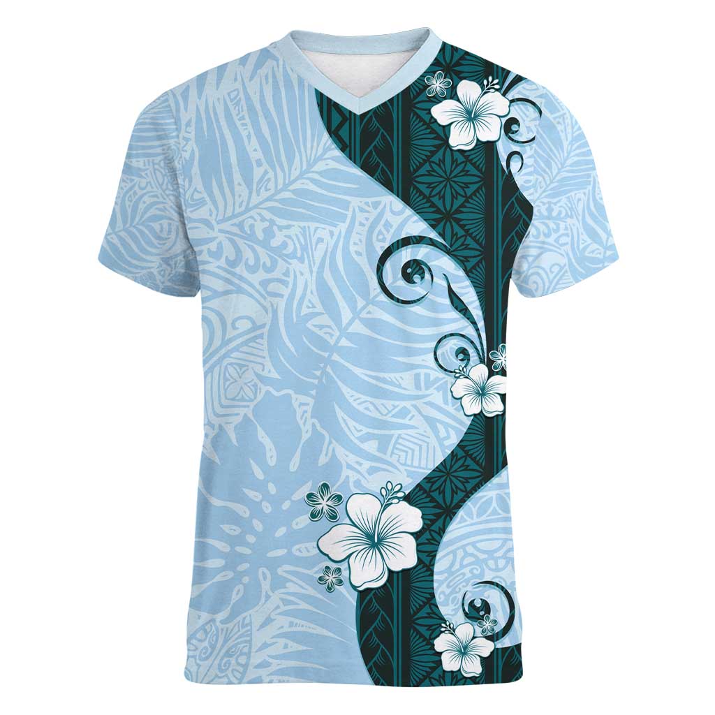 Polynesia Hibiscus Women V-Neck T-Shirt Sky Blue Curve Motif - Polynesian Pride