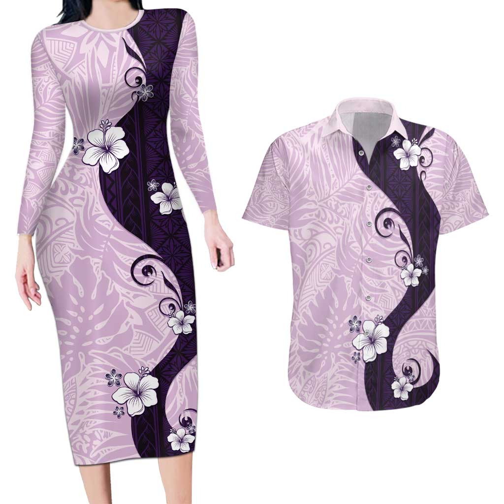 Polynesia Hibiscus Couples Matching Long Sleeve Bodycon Dress and Hawaiian Shirt Thistle Curve Motif - Polynesian Pride