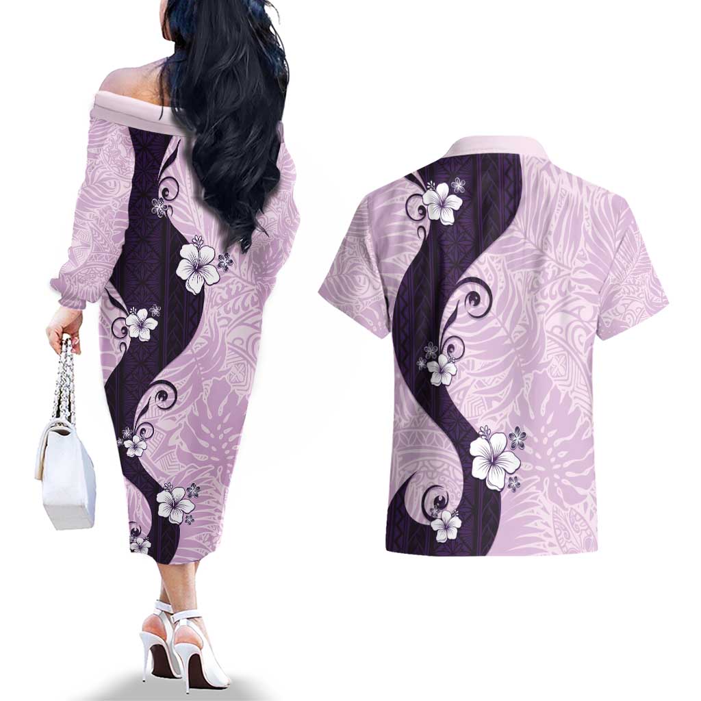Polynesia Hibiscus Couples Matching Off The Shoulder Long Sleeve Dress and Hawaiian Shirt Thistle Curve Motif - Polynesian Pride