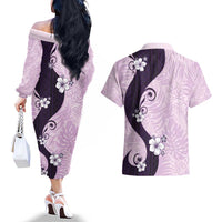 Polynesia Hibiscus Couples Matching Off The Shoulder Long Sleeve Dress and Hawaiian Shirt Thistle Curve Motif - Polynesian Pride
