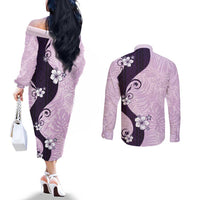 Polynesia Hibiscus Couples Matching Off The Shoulder Long Sleeve Dress and Long Sleeve Button Shirt Thistle Curve Motif - Polynesian Pride