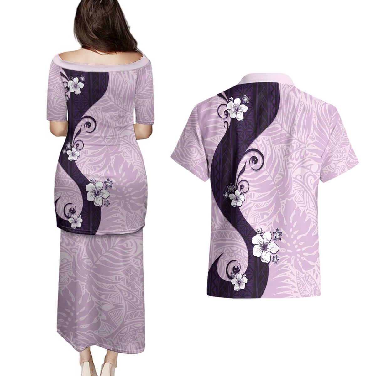 Polynesia Hibiscus Couples Matching Puletasi and Hawaiian Shirt Thistle Curve Motif - Polynesian Pride